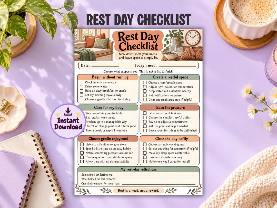 Rest Day Checklist Printable, ADHD Planner, Gentle Self Care Routine ...