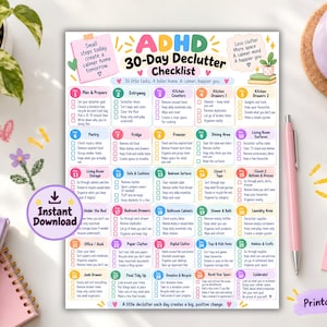 ADHD 30-dagars rensningschecklista, utskrivbar ADHD-planerare, utmaning för hemorganisering, daglig rensningsplanerare, städning i PDF-format