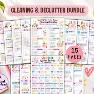 May include: A 15-page cleaning and declutter bundle featuring an ADHD room-by-room cleaning checklist and a 30-day declutter checklist. The pages are printed with colorful pastel graphics, organized task lists, and checkboxes for tracking progress.