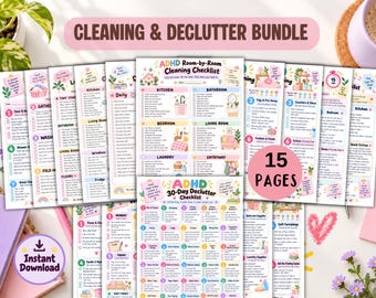 May include: A 15-page cleaning and declutter bundle featuring an ADHD room-by-room cleaning checklist and a 30-day declutter checklist. The pages are printed with colourful pastel graphics, organised task lists, and checkboxes for tracking progress.