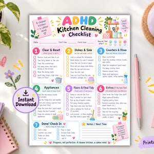 Op de afbeelding: Een kleurrijke ADHD-keukenschoonmaakchecklist als printbare PDF met zeven genummerde stappen voor keukenonderhoud, inclusief taken zoals het opruimen van aanrechten, afwassen en het schoonmaken van diverse keukenapparatuur.
