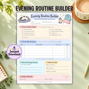 Evening Routine Builder Printable, ADHD Friendly Evening Planner, Personalized Routine Worksheet, Low Energy Night Routine PDF