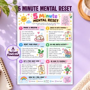 Könnte beinhalten: Ein 5 Minute Mental Reset Merkblatt auf weißem Papier mit bunten Illustrationen von Sonne, Katze, Pflanze, Büchern und Blumen. Der Text enthält sechs nummerierte Schritte für Achtsamkeit und Selbstfürsorge mit entsprechenden Kontrollkästchen.