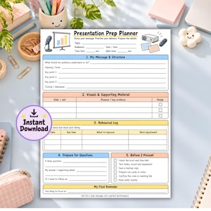 Puede incluir: Una hoja blanca de planificador de preparación de presentaciones con secciones para la estructura del mensaje, ayudas visuales, registros de ensayo, preparación de preguntas y listas de verificación previas a la presentación.