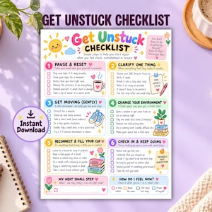 May include: A Get Unstuck Checklist printable document featuring six numbered steps with checkboxes, colourful illustrations of a sun, coffee mug, trainers, and plants, and text prompts to help manage feelings of being overwhelmed or unsure.
