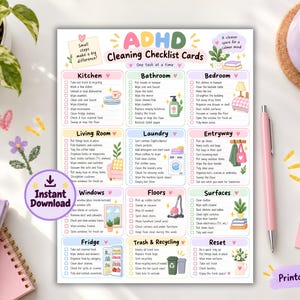 Puede incluir: Una hoja de lista de verificación de limpieza para TDAH imprimible que presenta doce secciones categorizadas que incluyen cocina, baño, dormitorio, sala de estar, lavandería, entrada, ventanas, pisos, superficies, refrigerador, basura y reinicio con íconos y texto coloridos.