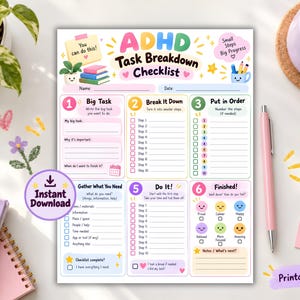 以下が含まれることがあります： ADHD Task Breakdown Checklistの印刷可能なPDFドキュメント。タスク計画用のカラフルなセクションがあり、目標の細分化、必要なものの収集、気分アイコンによる進捗管理の手順が含まれています。ドキュメントには、Big Task、Break It Down、Put in Order、Gather What You Need、Do It、Finishedなどのテキスト見出しがあります。