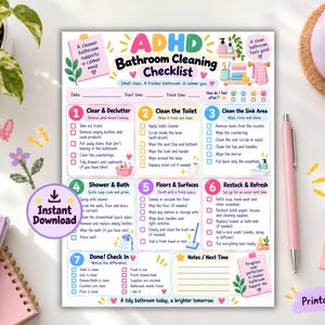 Könnte beinhalten: Eine farbenfrohe ADHD-Checkliste für die Badezimmerreinigung mit sieben nummerierten Schritten, Kontrollkästchen und Illustrationen von Reinigungsutensilien. Der Text enthält 'ADHD Bathroom Cleaning Checklist', 'A cleaner bathroom supports a calmer mind' und 'A tidy bathroom today, a brighter tomorrow.'