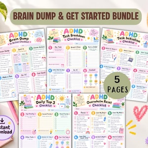 ADHD Brain Dump and Get Started Bundle, Executive Function Checklists, Task Initiation and Overwhelm Reset, Printable PDF