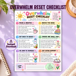 Könnte beinhalten: Eine druckbare Overwhelm Reset Checklist mit sechs nummerierten Abschnitten für tägliche Selbstfürsorge-Aufgaben, bunten Illustrationen von Sonne, Kaffeetasse, Pflanzen und Katze, einem lila Instant Download-Abzeichen und einem Today I Did-Bereich.