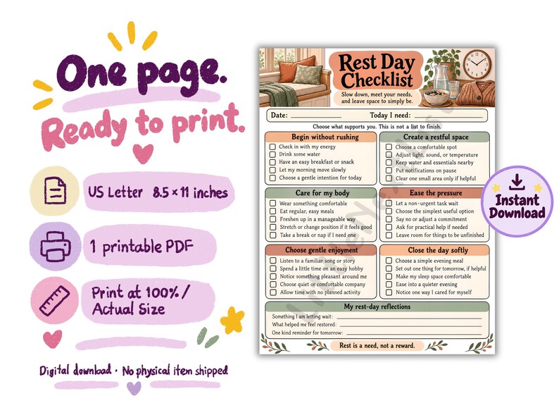 Rest Day Checklist Printable, ADHD Planner, Gentle Self Care Routine ...
