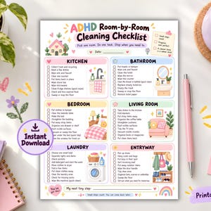 Könnte beinhalten: Eine ausdruckbare ADHD Room-by-Room Cleaning Checklist mit Abschnitten für Küche, Bad, Schlafzimmer, Wohnzimmer, Waschküche und Eingangsbereich. Die Seite enthält Checkboxen für Aufgaben, bunte Illustrationen und den Text Instant Download.