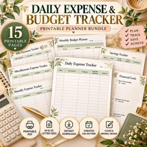 Puede incluir: Un paquete de 15 p&aacute;ginas imprimibles para el seguimiento de gastos y presupuesto diario con detalles de hojas verdes. Las hojas incluyen rastreadores para facturas, presupuestos mensuales, ahorros y metas financieras con bol&iacute;grafo.