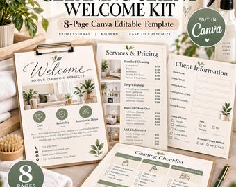 Puede incluir: Un kit de bienvenida para clientes de limpieza, plantilla de Canva de 8 páginas que incluye página de bienvenida, lista de servicios y precios, formulario de información del cliente y lista de verificación con detalles de hojas.