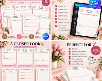 Editable Canva Teacher Lesson Planner | Printable Weekly & Daily Organizer (Digital Download)