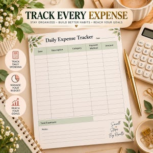 Puede incluir: Una hoja de seguimiento de gastos diarios con un borde de hojas verdes, que incluye columnas para fecha, descripci&oacute;n, categor&iacute;a, m&eacute;todo de pago y cantidad. La p&aacute;gina contiene una secci&oacute;n de gastos totales, notas y el texto Small Steps Big Results.