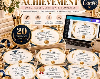 Editable Certificate Templates Bundle, 20 Canva Certificates, Achievement Award, School Teacher Employee Sports Certificate
