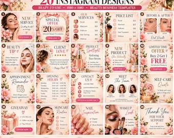 20 Beauty Instagram Templates: Luxury Blush Pink, Gold (Digital Download)