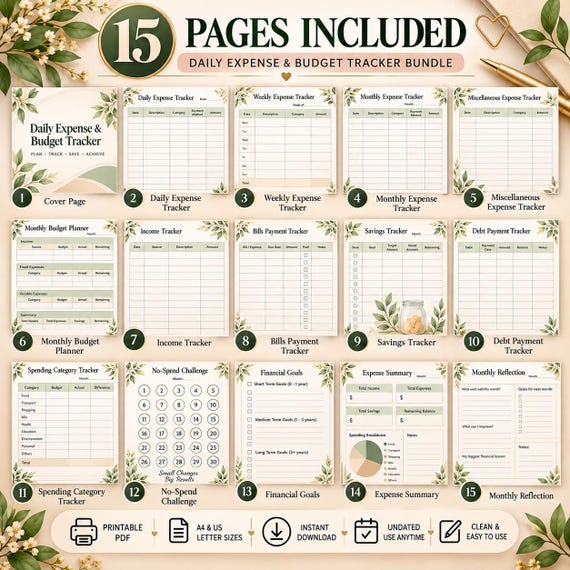 Daily Expense Tracker Printable, Budget Planner PDF, Monthly Expense Tracker, Savings & Bill Payment Tracker