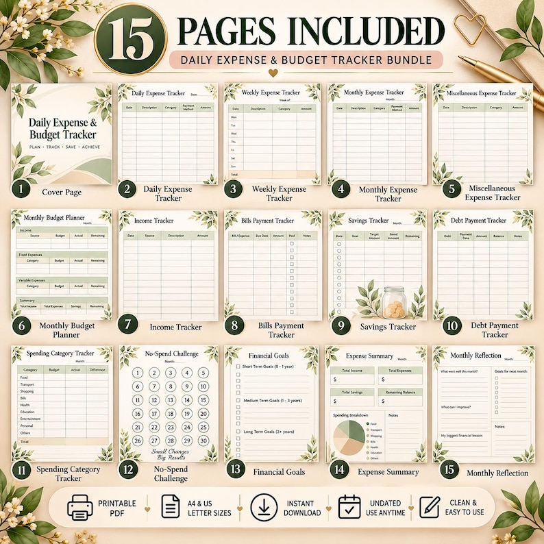 Puede incluir: Un paquete de 15 p&aacute;ginas para el seguimiento de gastos y presupuesto diario que incluye una portada, rastreadores de gastos, ingresos, facturas, ahorros y deudas, adem&aacute;s de un desaf&iacute;o de no gastar y metas financieras detalladas.