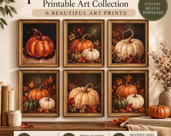Vintage Pumpkin Wall Art Printable, Autumn Fall Decor, Rustic Harvest Painting, Halloween Digital Download