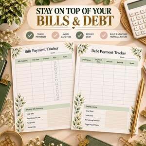 Puede incluir: Dos hojas de seguimiento financiero impresas tituladas Bills Payment Tracker y Debt Payment Tracker. Cada hoja presenta un borde de hojas verdes, columnas para rastrear gastos y una secci&oacute;n de resumen. El texto dice STAY ON TOP OF YOUR BILLS & DEBT.