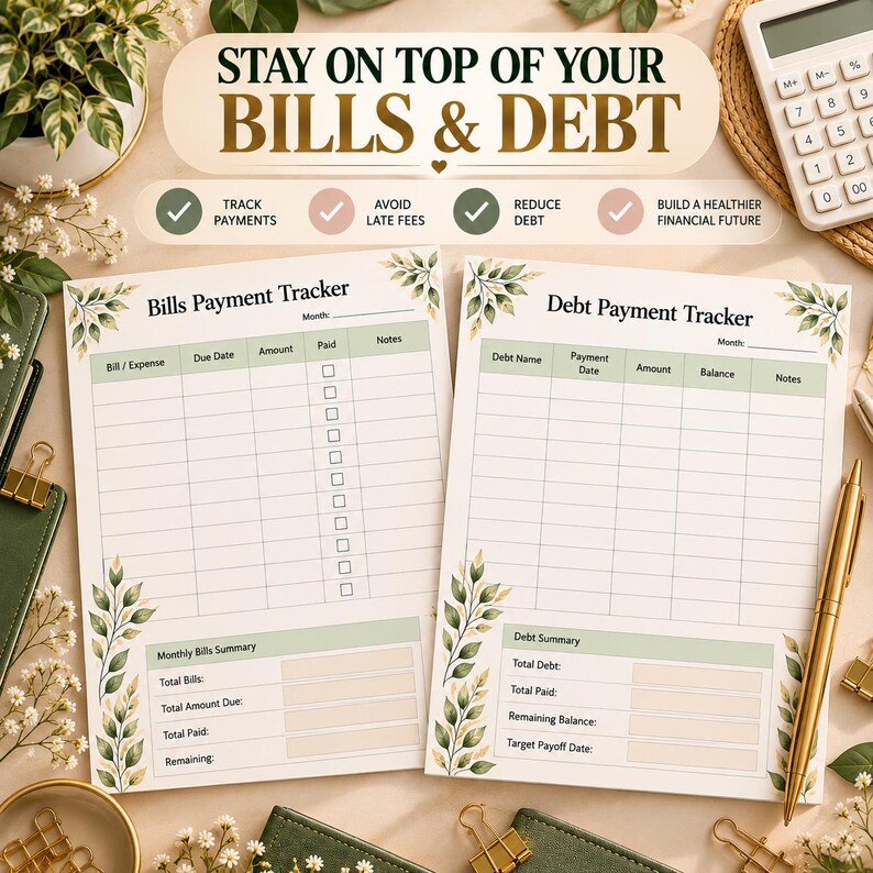 Puede incluir: Dos hojas de seguimiento financiero impresas tituladas Bills Payment Tracker y Debt Payment Tracker. Cada hoja presenta un borde de hojas verdes, columnas para rastrear gastos y una secci&oacute;n de resumen. El texto dice STAY ON TOP OF YOUR BILLS & DEBT.