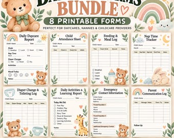 Daycare Forms Bundle, 8 Printable PDF Worksheets for Childcare Providers