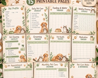 Puede incluir: Un conjunto de 15 páginas imprimibles para el cuidado de mascotas en tamaños A4 y carta de EE. UU. La colección incluye rastreadores para alimentación, agua, aseo, salud, medicación y citas, además de listas de verificación con motivos de hojas y huellas.