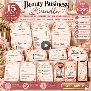 Beauty Business Canva Templates Bundle | Editable Invoice Receipt Price List Appointment Cards Client Forms | Beauty Salon Templates