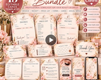 Puede incluir: Una colección de 15 plantillas editables para negocios de belleza que incluyen facturas, listas de precios, recibos, tarjetas de cita, tarjetas de lealtad y gráficos con un diseño floral suave e ilustraciones de un rostro femenino.