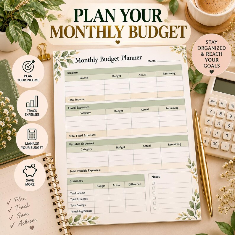 Puede incluir: Una hoja de planificador de presupuesto mensual con detalles de hojas verdes, que incluye secciones para ingresos, gastos fijos, gastos variables y un resumen. El texto dice PLAN YOUR MONTHLY BUDGET y Monthly Budget Planner, junto con iconos.