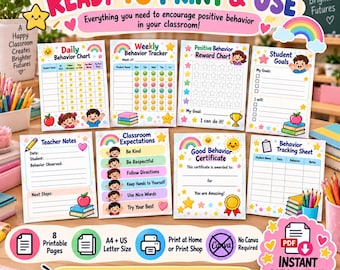 Classroom Behavior Chart Bundle, Student Tracker, Reward System (PDF Download)