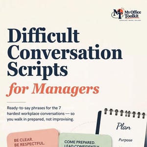 Op de afbeelding: Een document getiteld Difficult Conversation Scripts for Managers van My Office Toolkit. Het bevat een roze tekstballon met tips, een groene tekstballon met leiderschapsadvies en een notitieblok met een planlijst voor gesprekken.