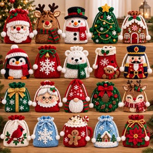 Paquete de patrones de bolsas de regalo navideñas a crochet: bolsa para dulces de Papá Noel, bolsa de reno, bolsa de muñeco de nieve, bolsa navideña con cordón (PDF).