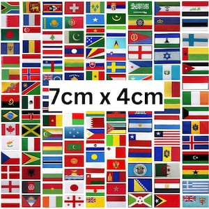 May include: A collection of rectangular embroidered patches featuring various national flags from around the world, arranged in a grid pattern. Each individual patch measures 7cm x 4cm as indicated by the text overlay in the centre.