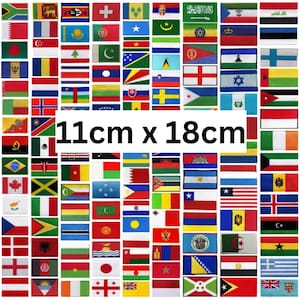 May include: A collection of numerous rectangular embroidered national flag patches arranged in a grid pattern. The image features the text 11cm x 18cm centered over the flags, indicating the dimensions of the individual patches in the set.