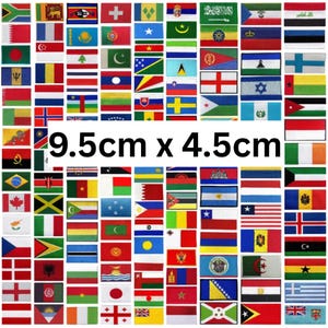 May include: A collection of rectangular embroidered patches featuring various national flags in diverse colours and patterns. Each patch measures 9.5cm x 4.5cm. The grid displays numerous international symbols, including stripes, stars, and emblems.