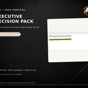 May include: A digital template set titled Executive Decision Pack for Excel and Word. The black background features white text including Excel + Word Templates, Compare options. Document evidence. Make the call., and Instant Digital Download.