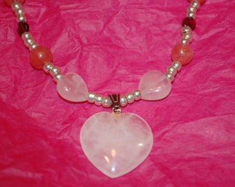 Necklace with Pink Rose Quartz Heart Pendant with Multi-Gemstone Beads and Silver Spacers