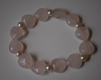 Rose quartz heart shape beads with faux pearls on elastic