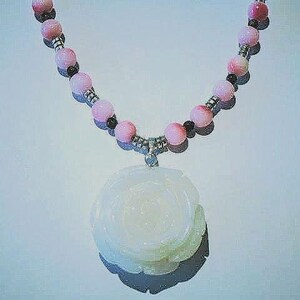 Jade Necklace with  Pink/White Malaysian Jade Beads, Silver and Black Spacers, White Jade Rose Pendant and Silver Toggle Clasp 22in