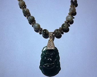 Jade Necklace with Beautifully Carved Jade Pendant and Jade White/Green Beads with Antique Gold Spacers and Toggle