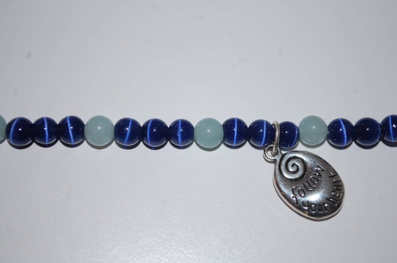 Dark Blue Cat's Eye and Aquamarine Beaded Bracelet with 'Follow Your Heart' Charm and Silver Toggle Clasp image 2