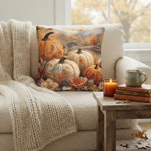 Vintage Pumpkin Pillow Cover, Fall Harvest Landscape Cushion Case, Soft Cream Pumpkin Throw Pillow, Autumn Decor