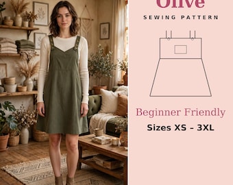 Olive Button-Strap Pinafore Dress Sewing Pattern | Beginner Friendly Dress | Sizes XS-3XL