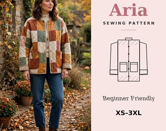 May include: A sewing pattern titled Aria featuring a quilted jacket with a patchwork design in shades of orange, green, and cream. The graphic shows a line drawing of the jacket, the text Beginner Friendly, and the size range XS-3XL.