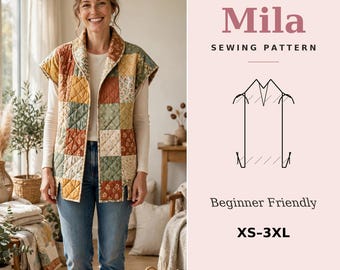 May include: A sleeveless quilted vest featuring a patchwork design of muted orange, green, and cream floral patterns. The text on the right reads Mila Sewing Pattern, Beginner Friendly, XS-3XL, and RSDigiCraft.