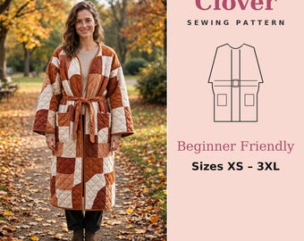 May include: A long, quilted coat featuring a patchwork pattern in shades of rust, cream, and brown. The coat has long sleeves, a tie waist, and two front pockets. Text reads: Clover SEWING PATTERN, Beginner Friendly, Sizes XS - 3XL, RSDigiCraft.
