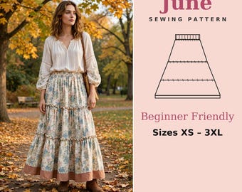 June Tiered Maxi Skirt Sewing Pattern | Beginner Friendly Peasant Skirt | Sizes XS-3XL